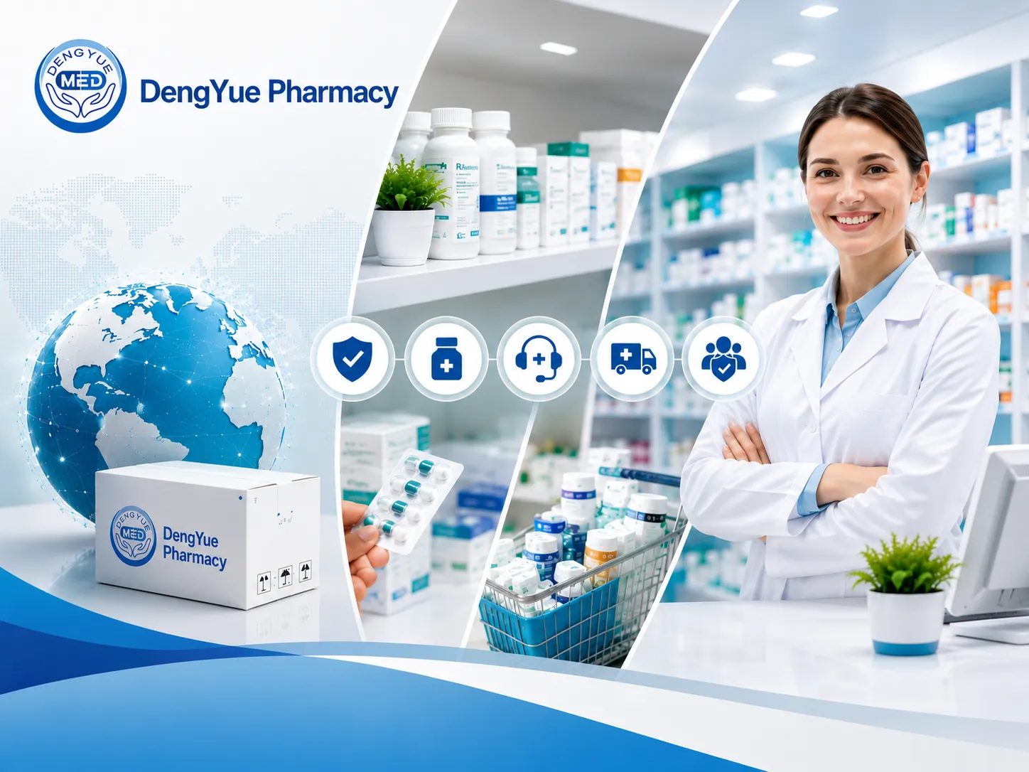 DengYue Pharmacy service overview: global supply network, medicine packaging, and pharmacist support