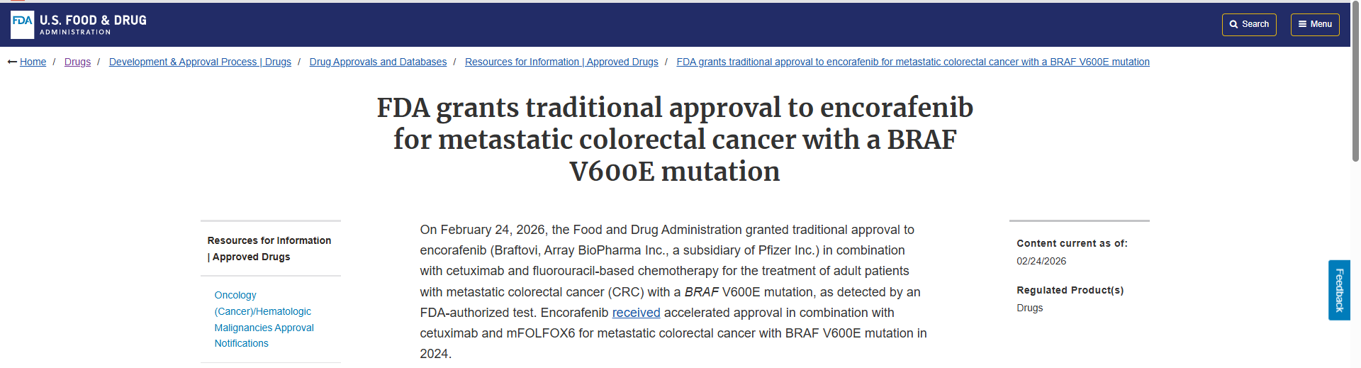 FDA approval announcement for encorafenib in BRAF V600E colorectal cancer