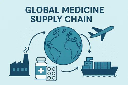 Illustration of the global medicine supply chain: manufacturing, packaging, air and sea logistics