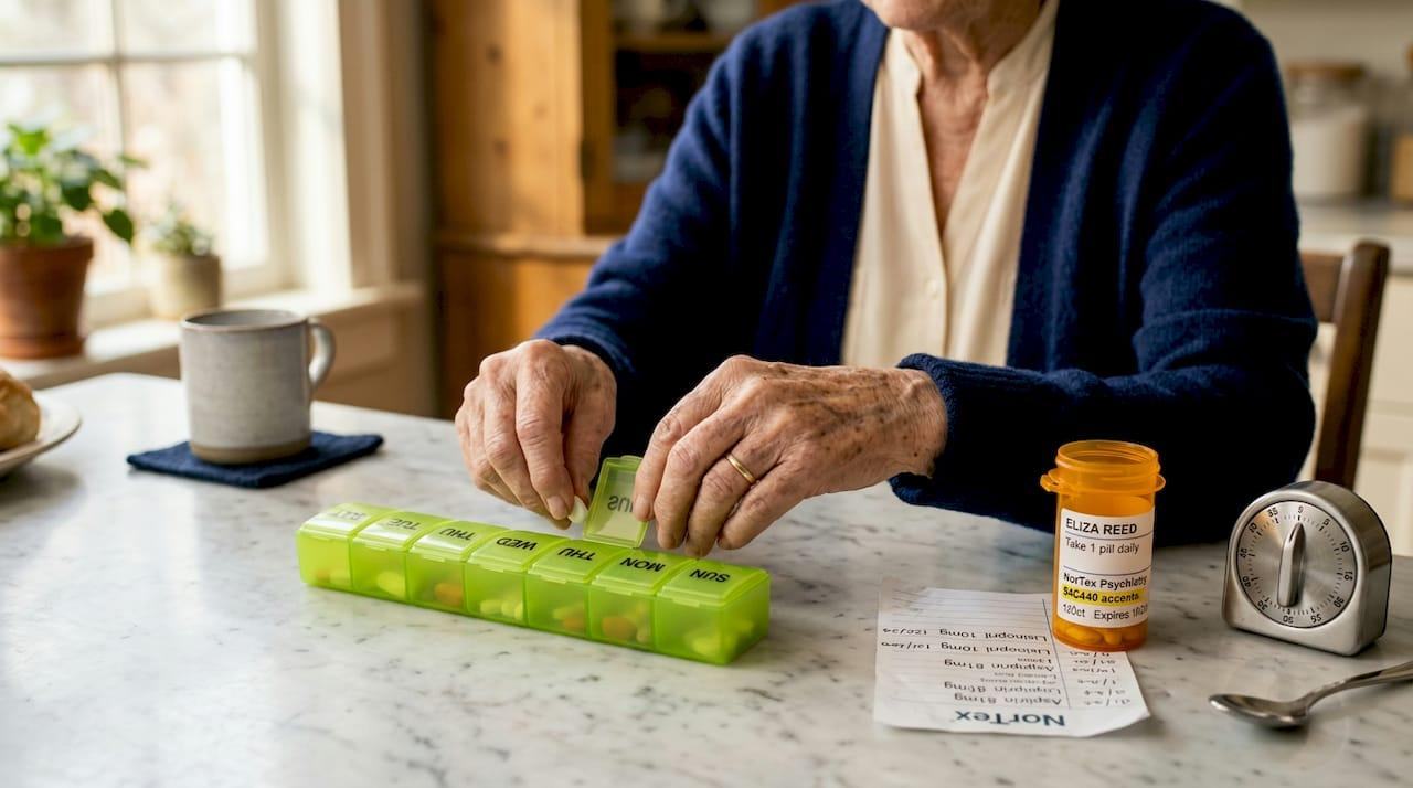 Patient organizing daily medication into a weekly pill organizer at home