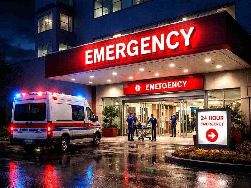Hospital emergency entrance at night with an ambulance and medical staff