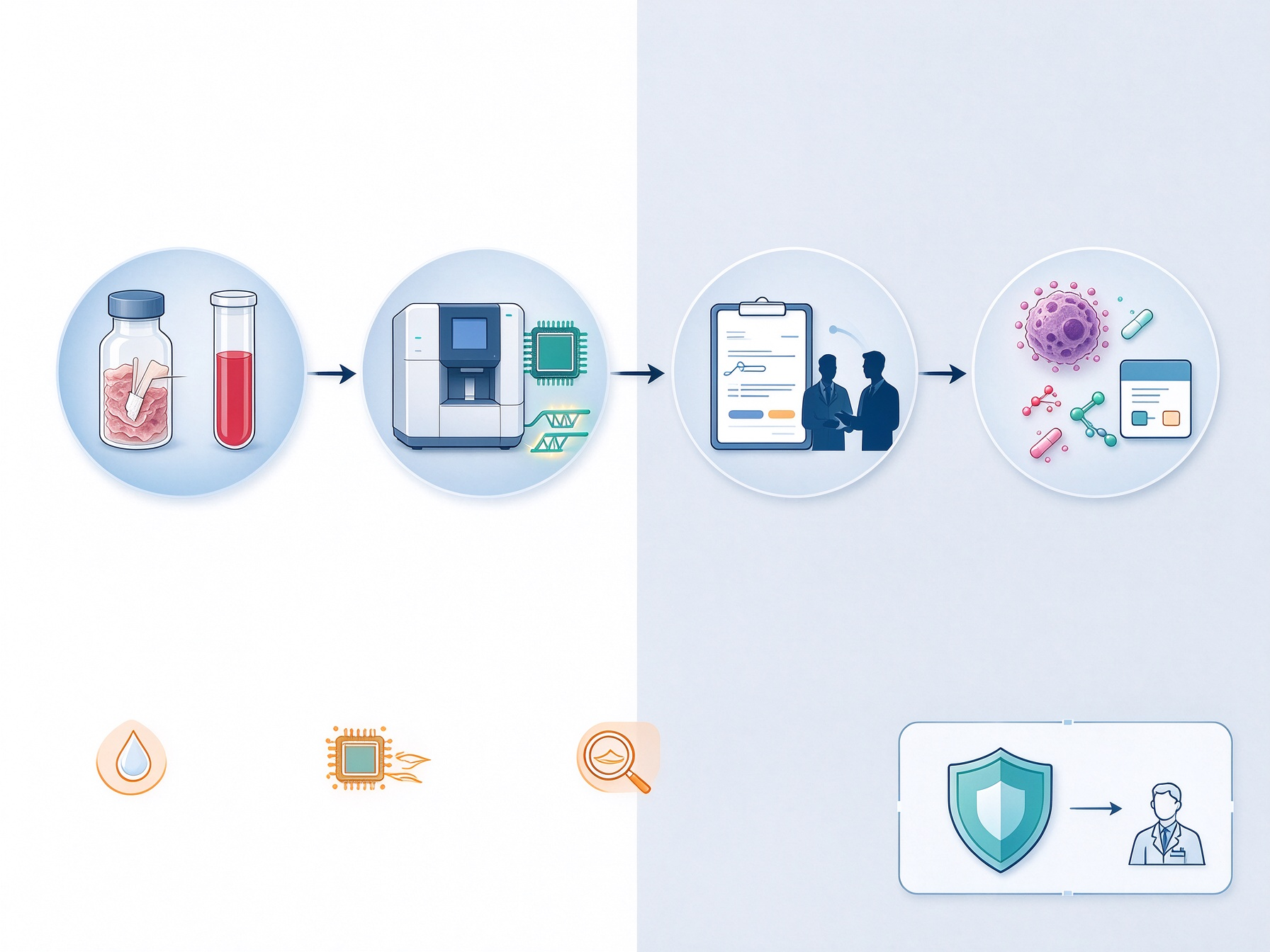 Workflow from tissue or blood sample to molecular testing, clinical review, and targeted treatment selection