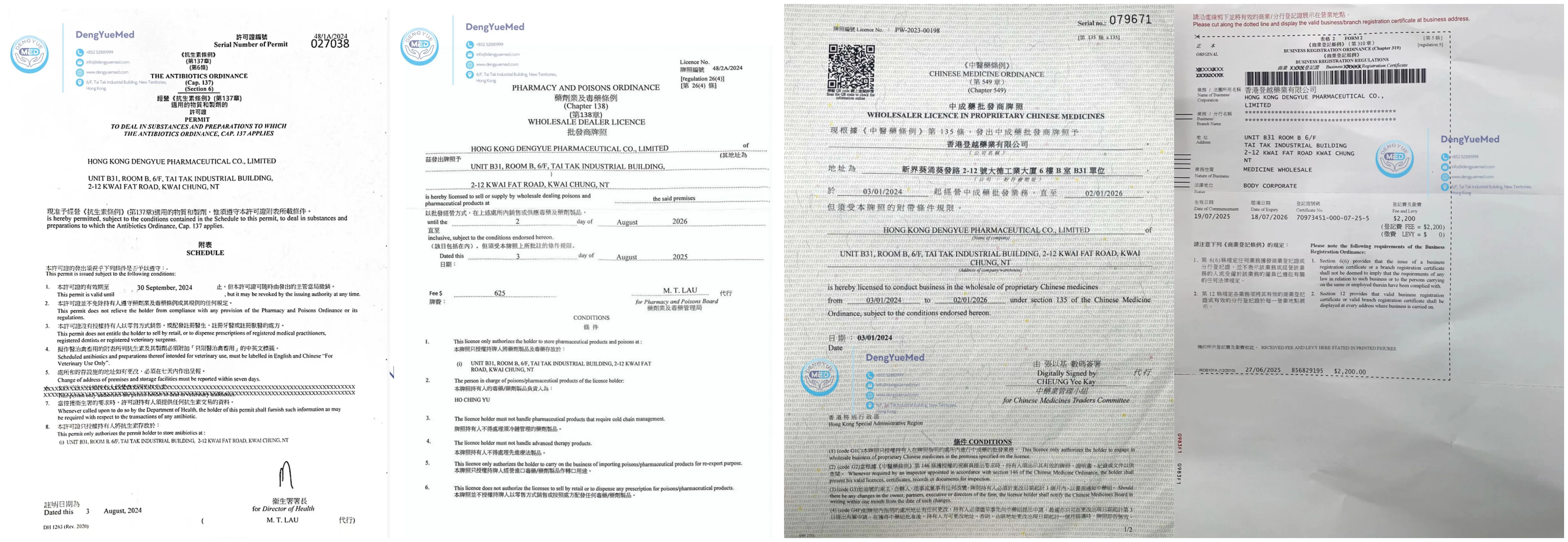 Pharmaceutical regulatory licenses and compliance documents