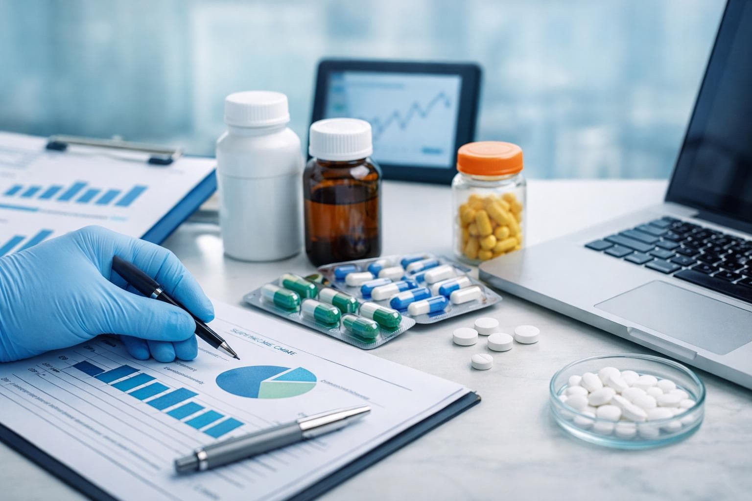 Pharmaceutical procurement analysis with charts, medicines, and a laptop