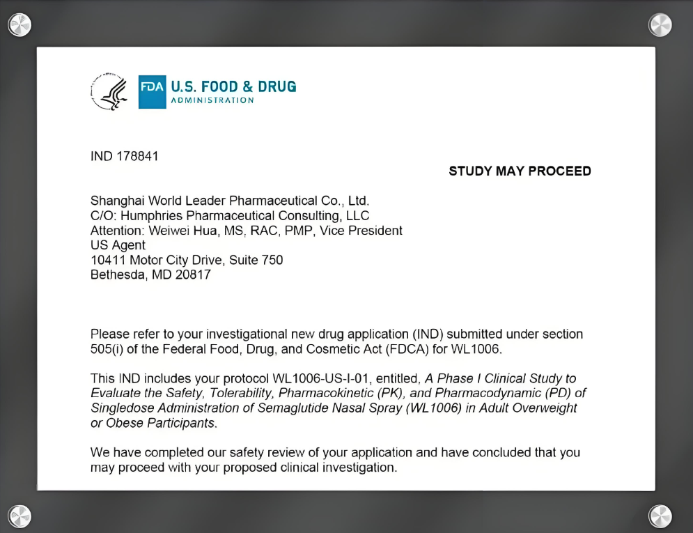 FDA IND approval semaglutide nasal spray clinical trial