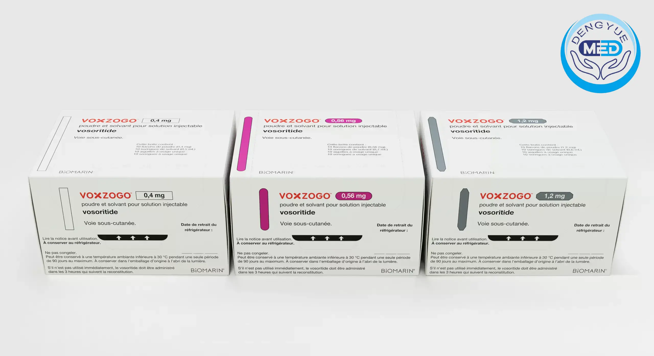 Voxzogo packaging in 0.4 mg, 0.56 mg, and 1.2 mg strengths